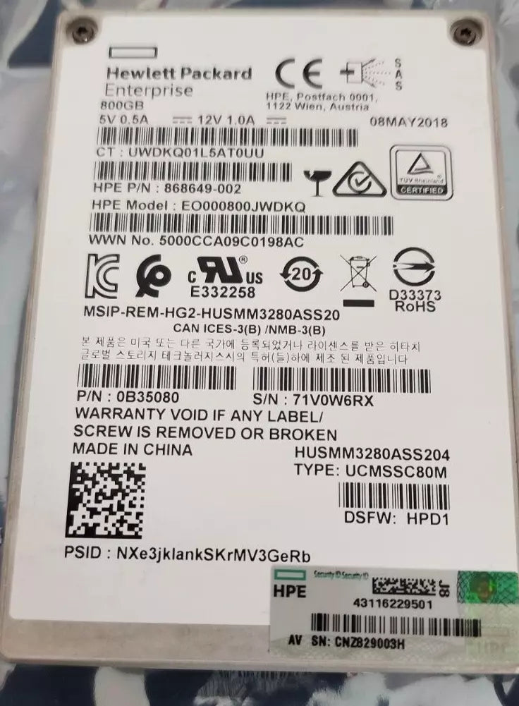 868649-002 HPE 800gb 12g sas WI sff ssd No Caddy P01306-001