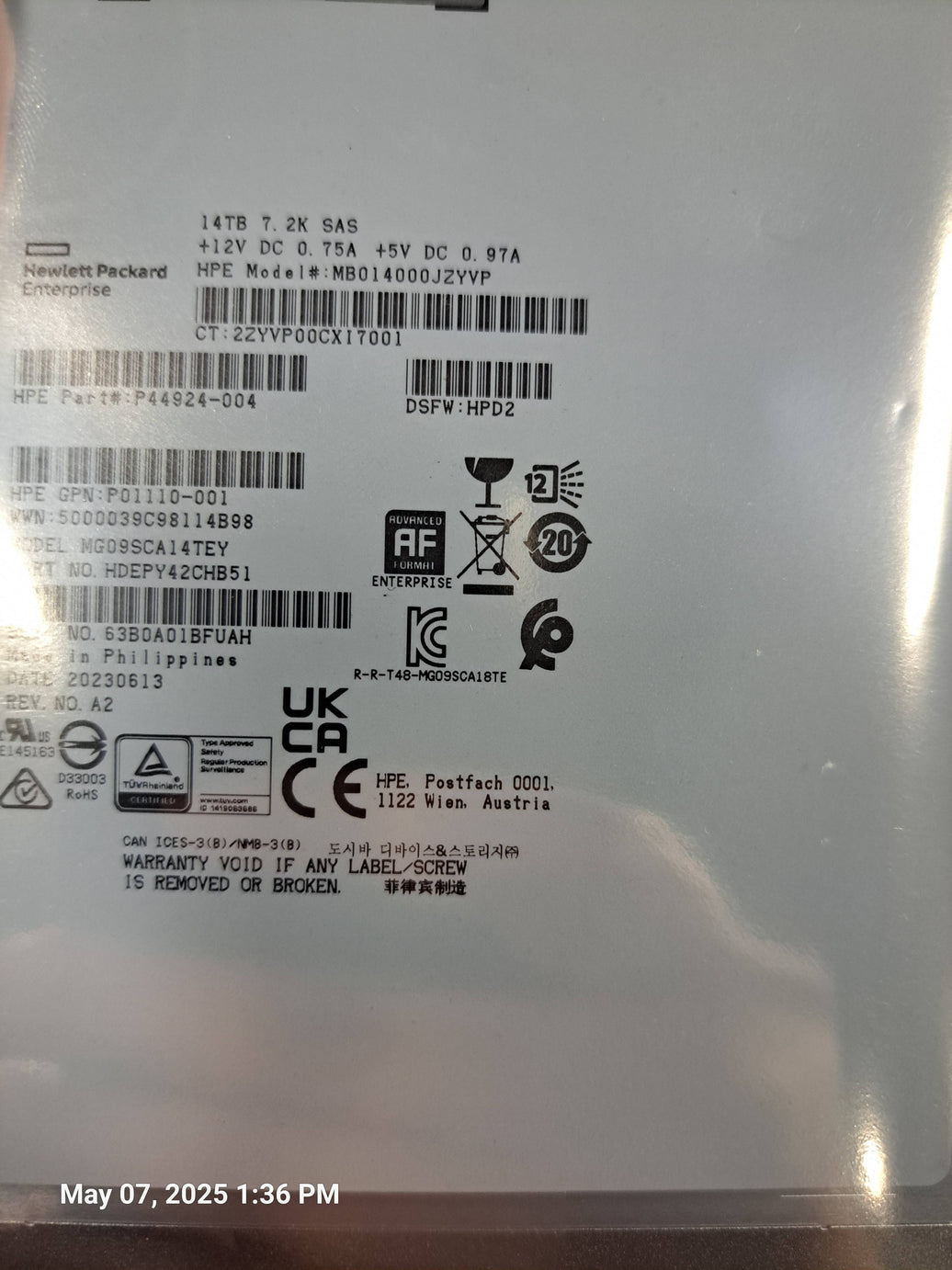 p09155-B21 P11518-001  HPE 14TB 7.2K 3.5IN DS SAS-12G LP ML HD