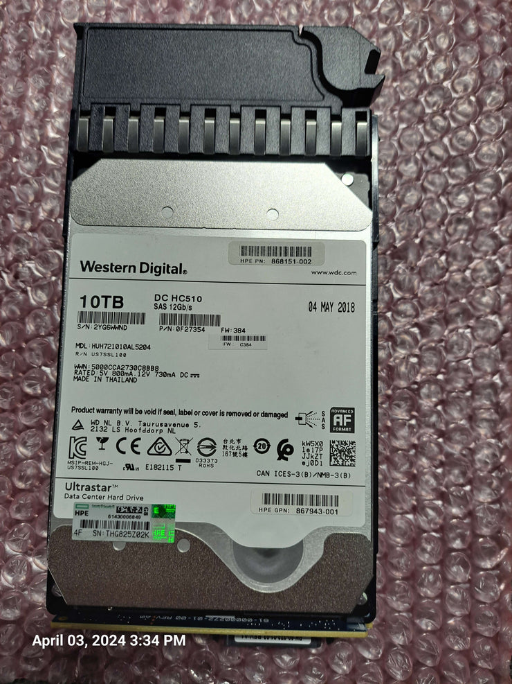 HP MSA 10tb 12G SAS 7.2K rpm lff Midline Drive 868230-001  P9M82A