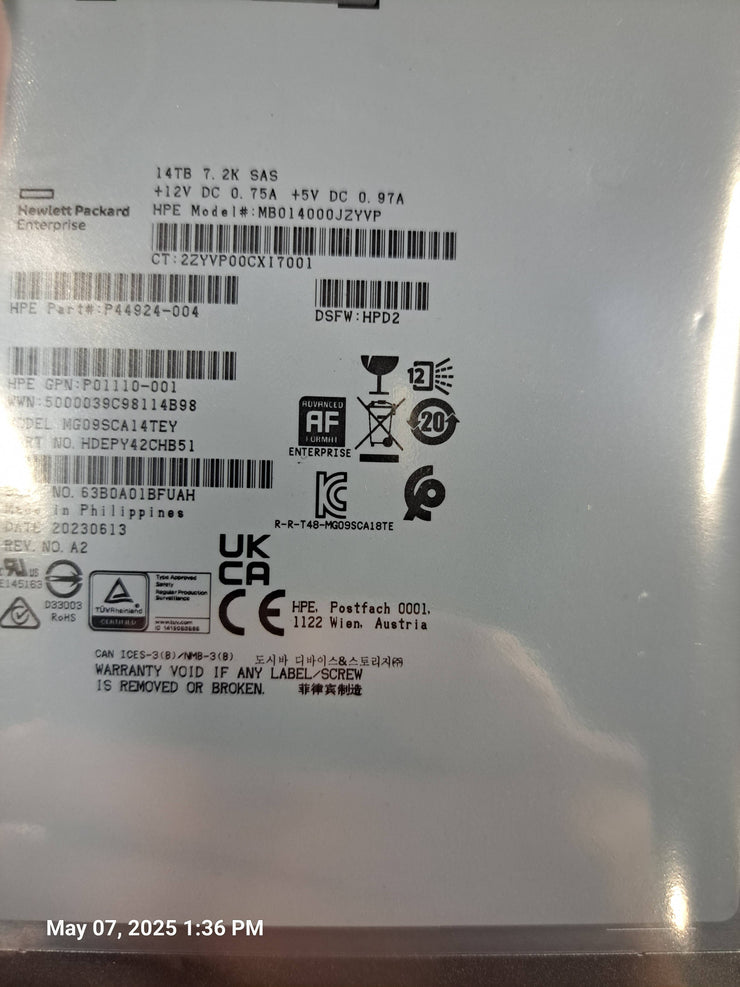 p09155-B21 P11518-001  HPE 14TB 7.2K 3.5IN DS SAS-12G LP ML HD